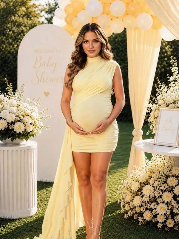 Momyknows Yellow Grenadine Irregular Ruffle Splicing Maternity Baby Shower Maxi Dress - Yellow - 1