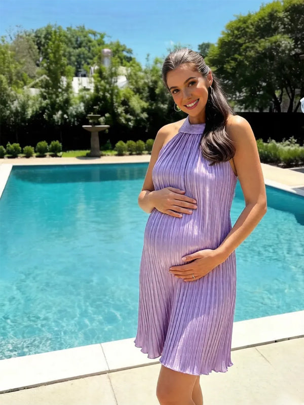 Momyknows Light Purple Halter Neck Band Collar Cowl Maternity Babyshower Mini Dress
