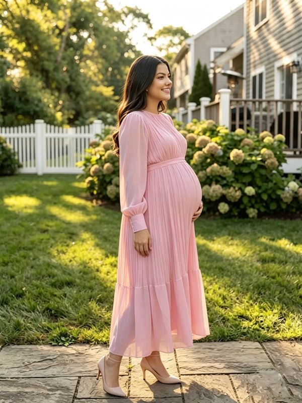 Momyknows Long Sleeve Pleated Big Swing Solid Color Photoshoot Maternity Maxi Dress - Pink - 2