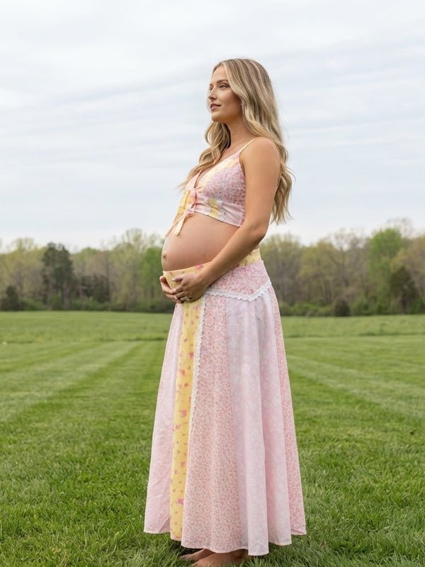 Momyknows Pink Spaghetti Strap Smocked Print Lace Up Maternity Photoshoot Maxi Dress - Pink - 2