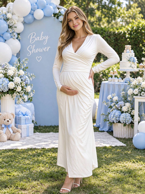 White Maternity Maxi Dress with V-Neck Ruffles