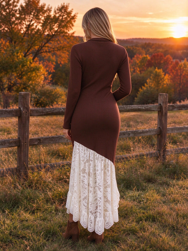 Coffee Maternity Maxi Dress with Knit Fabric and Lace Details and Elegant Silhouette