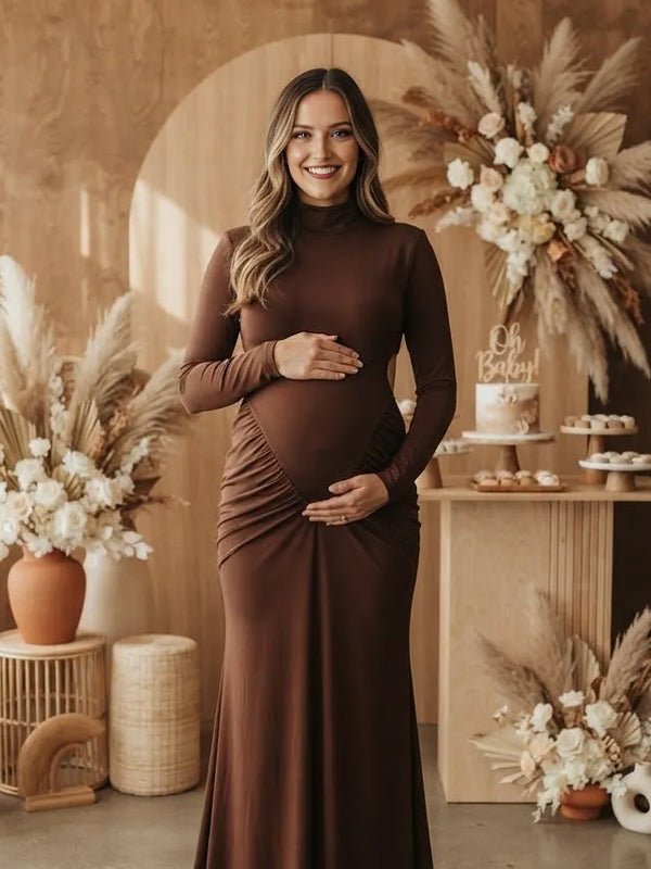 Momyknows Brown Ruched Bodycon Backless Maternity Baby Shower Maxi Dress - Brown - 2