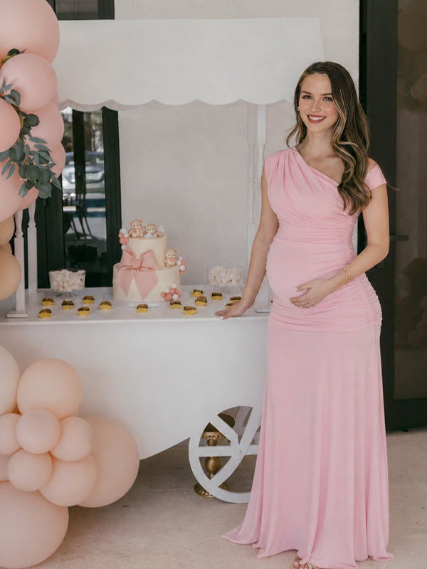 Momyknows Pink Oblique Shoulder Ruched Maternity Baby Shower Maxi Dress