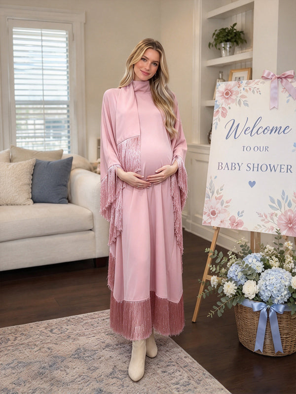 Pink Batwing Maternity Maxi Dress with Tassel Ribbon Details and Relaxed Fit, Baby Shower Occasion