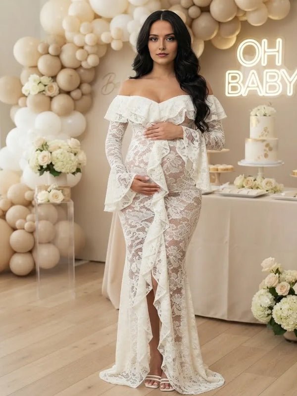 Momyknows White Off Shoulder Ruffle Side Slit Lace Flare Sleeve Maternity Baby Shower Maxi Dress - White - 4