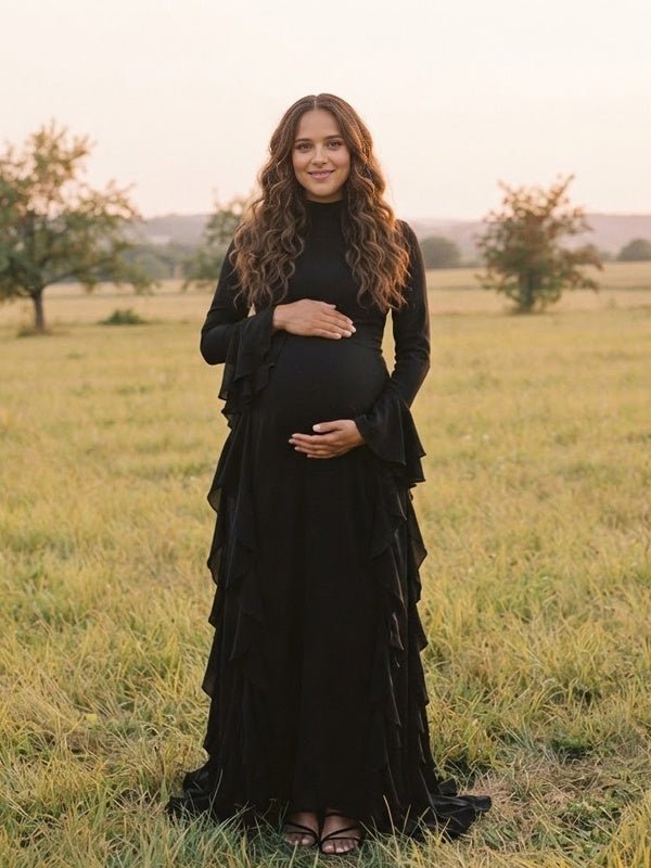 Momyknows Ruffle Flare Sleeve Big Swing Maternity Photoshoot Maxi Dress - Black - 6