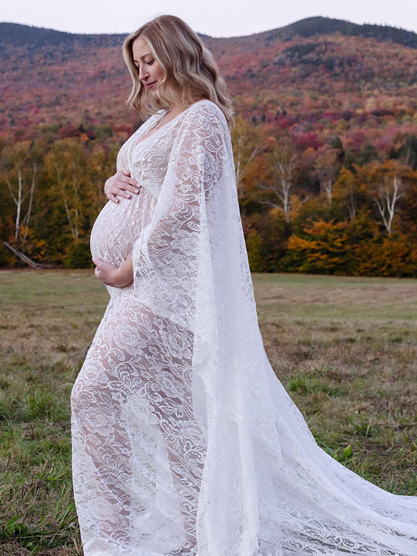Momyknows Floral Lace Backless Boho Baby Shower Flare Sleeve Pregnant Maternity Photoshoot Maxi Dress White / M Momyknows Floral Lace Backless Boho Baby Shower Flare Sleeve Pregnant Maternity Photoshoot Maxi Dress White / M