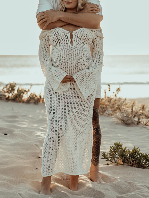 Momyknows White Cut Out Backless Flare Sleeve Beach Cover Up Baby Shower Photoshoot Maternity Maxi Dress