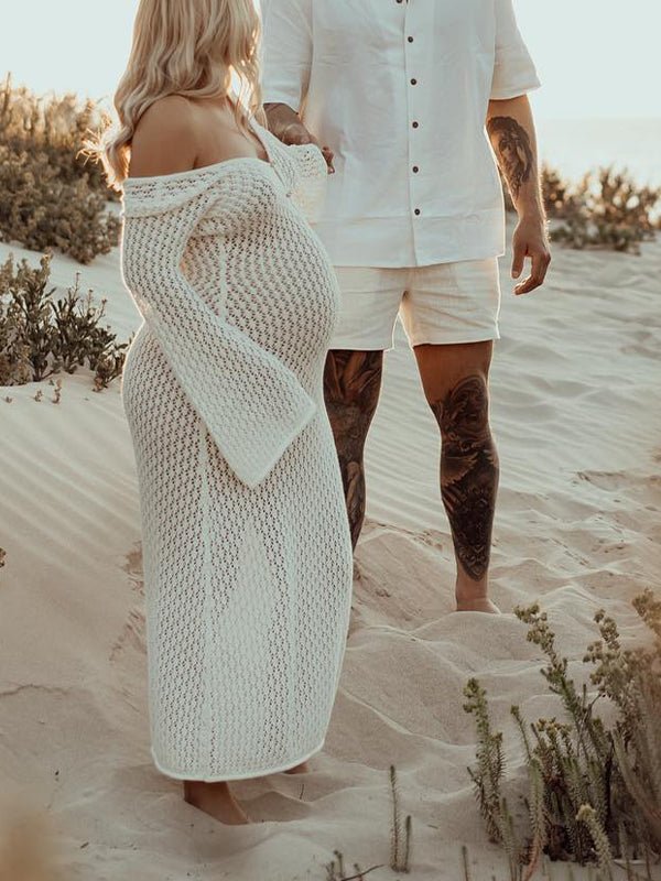 Momyknows White Cut Out Backless Flare Sleeve Beach Cover Up Photoshoot Western Maternity Maxi Dress