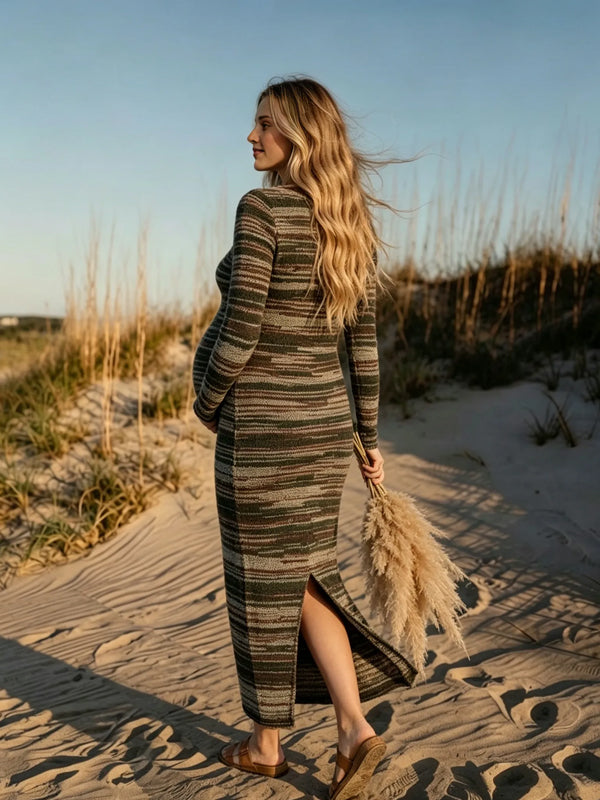 Green Striped Maternity Maxi Dress with Side Slit and Comfortable Fit