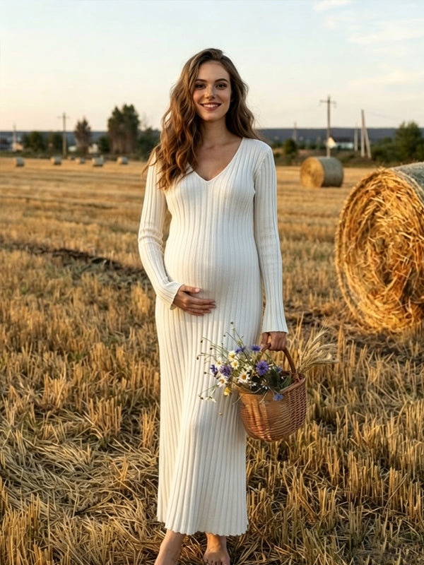 White Stretchy Crochet Maternity Dress with V-Neck and Casual Fit, Grass Photoshoot