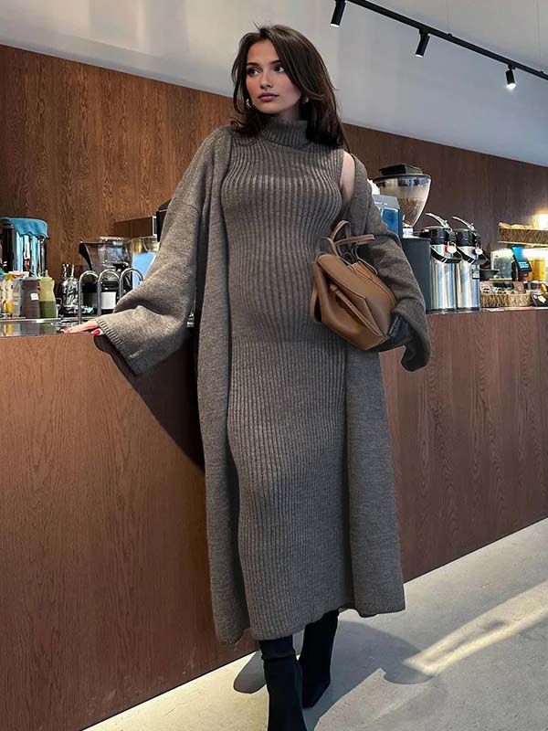 Momyknows Grey High Neck Crochet Two Piece Maternity Sweater Photoshoot Maxi Dress