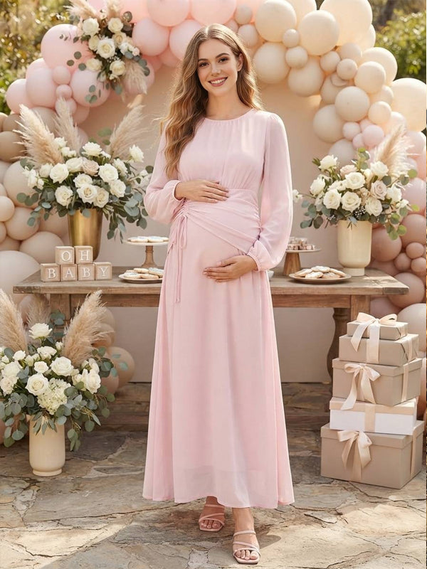 Pink Sheer A-Line Maternity Dress with Ruffle Details and Drawstring Waist and Flattering Fit, Baby Shower