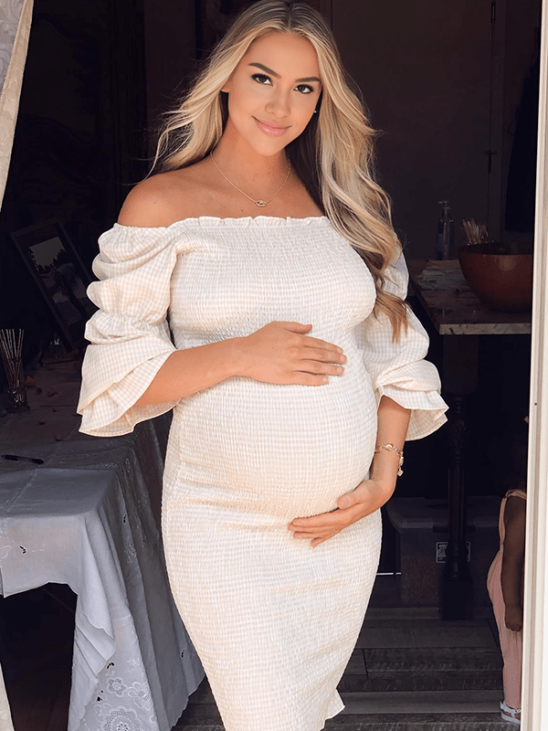 Momyknows Ruffle Off Shoulder Long Sleeve Bodycon Baby Shower Maternity Midi Dress, Apricot / XL