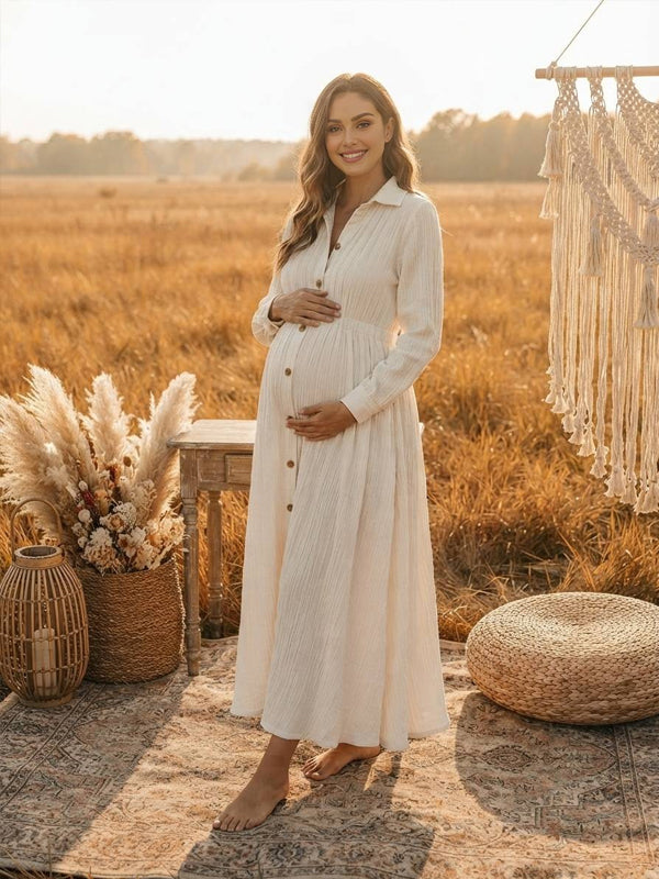White Plus-Size A-Line Maternity Maxi Dress with Pockets and Button-Front Detail and Flattering Fit, Photoshoot