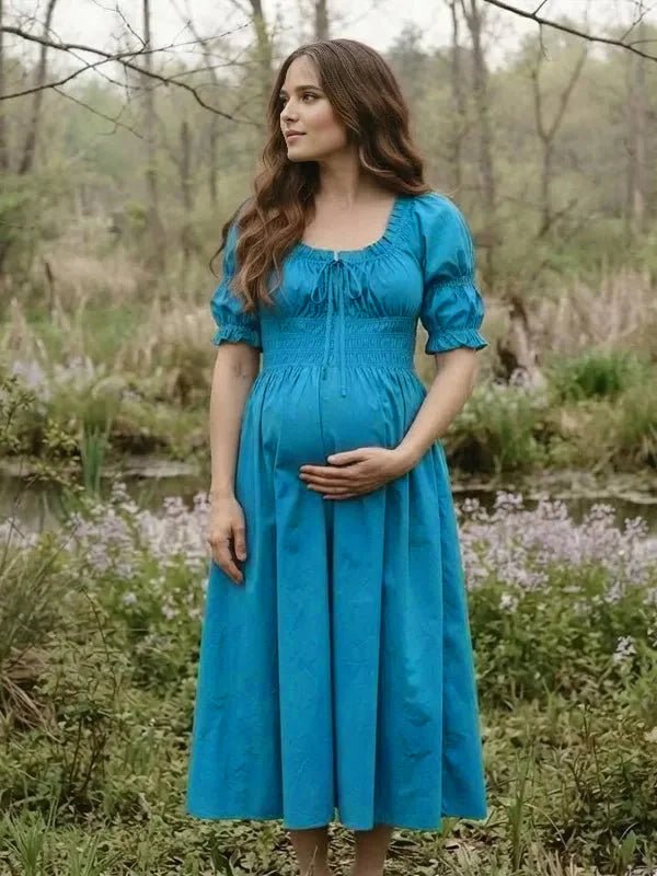 Momyknows Smocked Lace Up Ruffle Puff Sleeve Maternity Photoshoot Midi Dress - White - 4