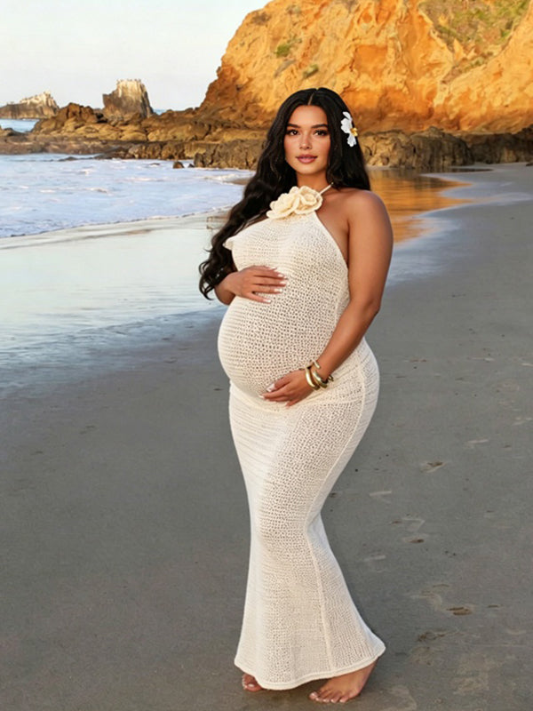 Momyknows Apricot Halter Neck 3D Flower Crochet Maternity Photoshoot Maxi Dress