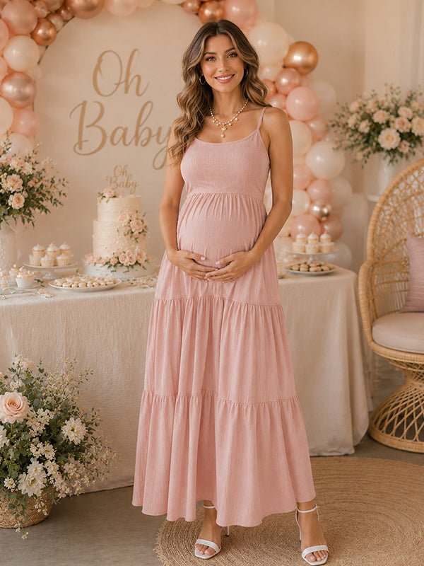 Momyknows Pink Open Back Spaghetti Strap Bowknot Ruched Maternity Baby Shower Maxi Dress, Pink / L