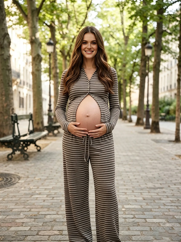 Brown Striped Two-Piece Maternity Set with Striped Pattern and Midriff-Baring Design