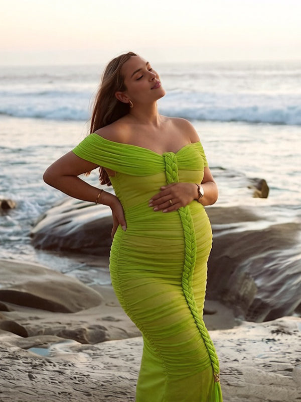Momyknows Off Shoulder Backless Ruched Bodycon Maternity Photoshoot Maxi Dress Green / 2XL Momyknows Off Shoulder Backless Ruched Bodycon Maternity Photoshoot Maxi Dress Green / 2XL