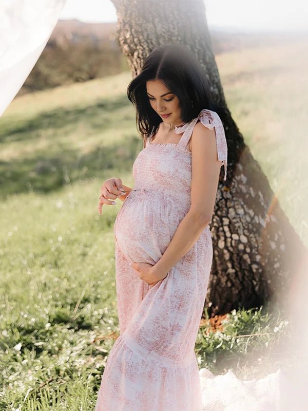 Momyknows Floral Print Smocked Bow Boho Flowy Photoshoot Gender Reveal Baby Shower Maternity Maxi Dress, Pink / M