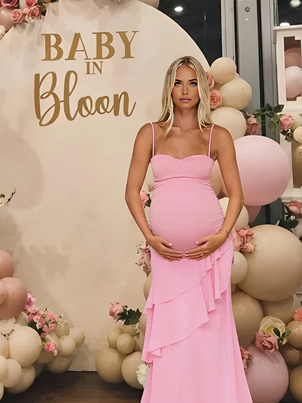 Momyknows Spaghetti Strap Ruffle Backless Lace Up Maternity Baby Shower Maxi Dress