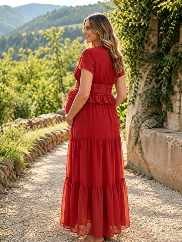 Momyknows Red Lace Falbala Vacation 2-in-1 Photoshoot Maternity Midi Dress - Red - 2