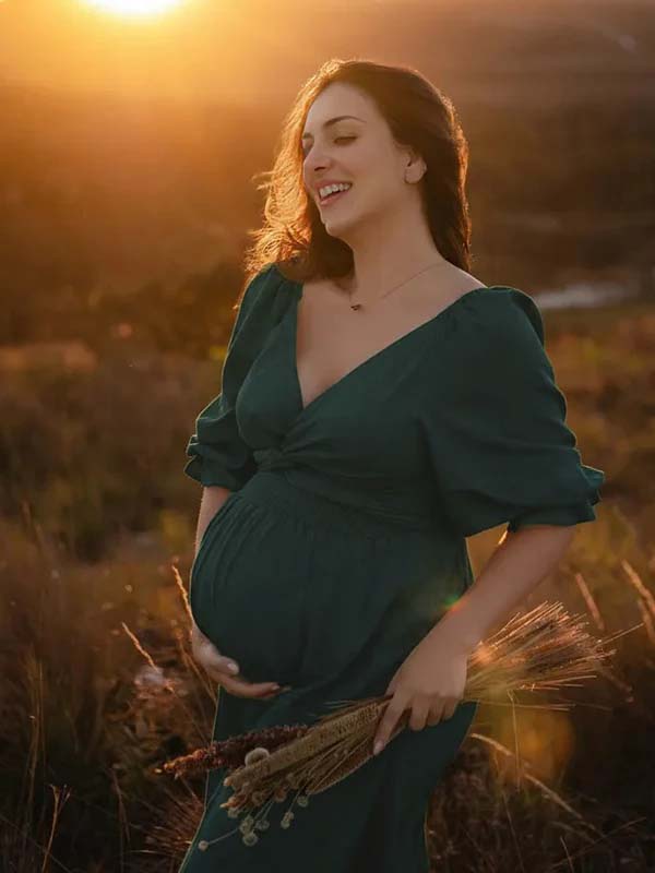 Momyknows Dark Green Smocked Cross Chest Tie Back A-line Boho Maternity Maxi Dress