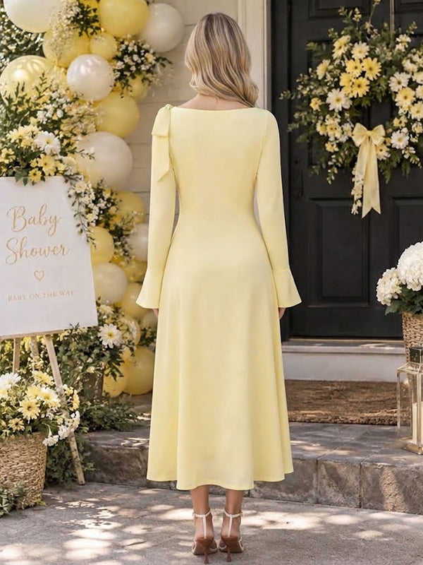 Yellow Maternity Maxi Dress with Flare Sleeves and Elegant Lace Up Detail