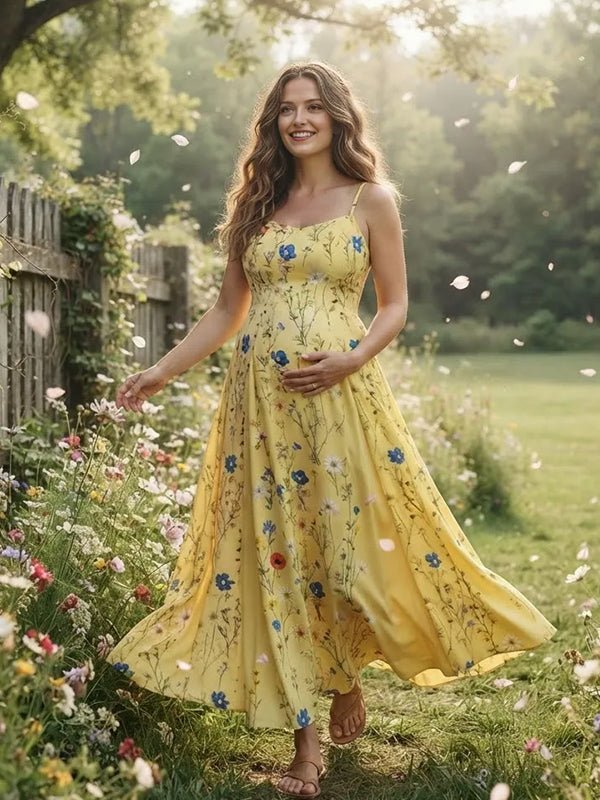 Momyknows Spaghetti Strap Print Spliced Big Swing Maternity Photoshoot Maxi Dress - Yellow - 1