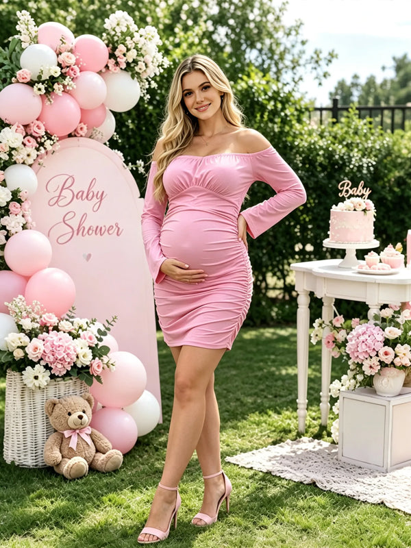 Pink Maternity Mini Dress with Ruffle Details and Off-the-Shoulder Flare Sleeves