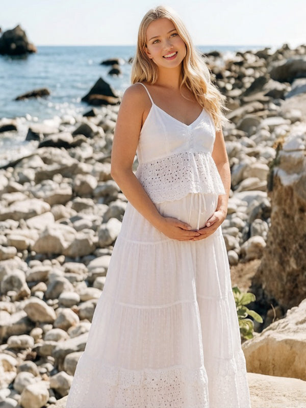 Momyknows White Spaghetti Strap Bohemian Lace Backless Two Piece Maternity Photoshoot Maxi Dress