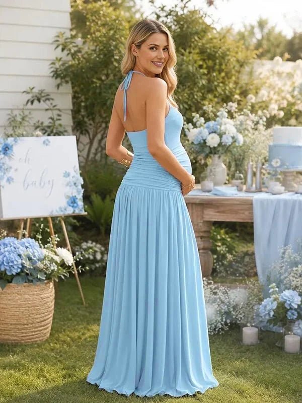 Momyknows Sweet Halter Neck Backless Lace Up Baby Shower Maternity Maxi Dress - Blue - 6
