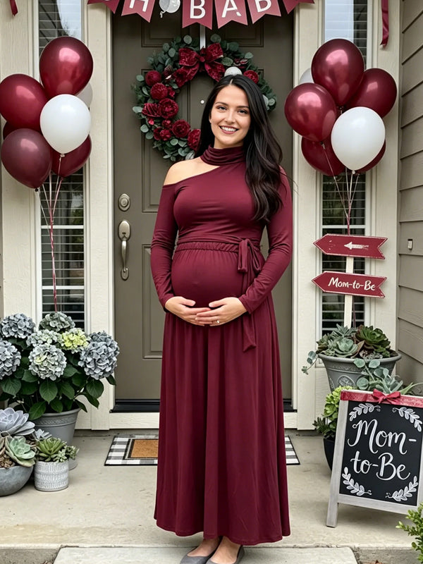 Wine Red Oblique Shoulder Ruched Maternity Maxi Dress with Graceful Silhouette and Elegant Fit, Baby Shower Occasion