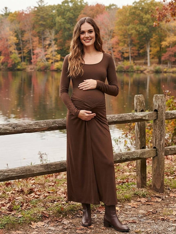 Brown High-Waisted Maternity Maxi Dress with Ruffle Knot Details and Flattering Fit, Photoshoot