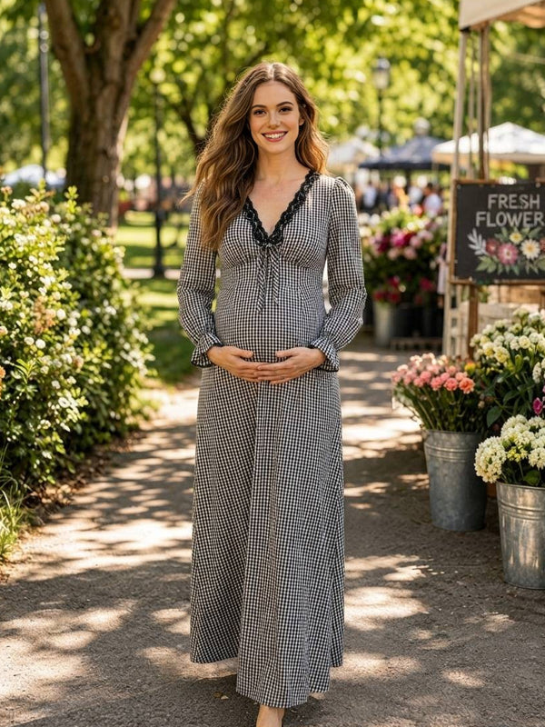 Black A-Line Maternity Dress with Contrasting Lantern Sleeves and Loose Fit, Casual Daily Wear