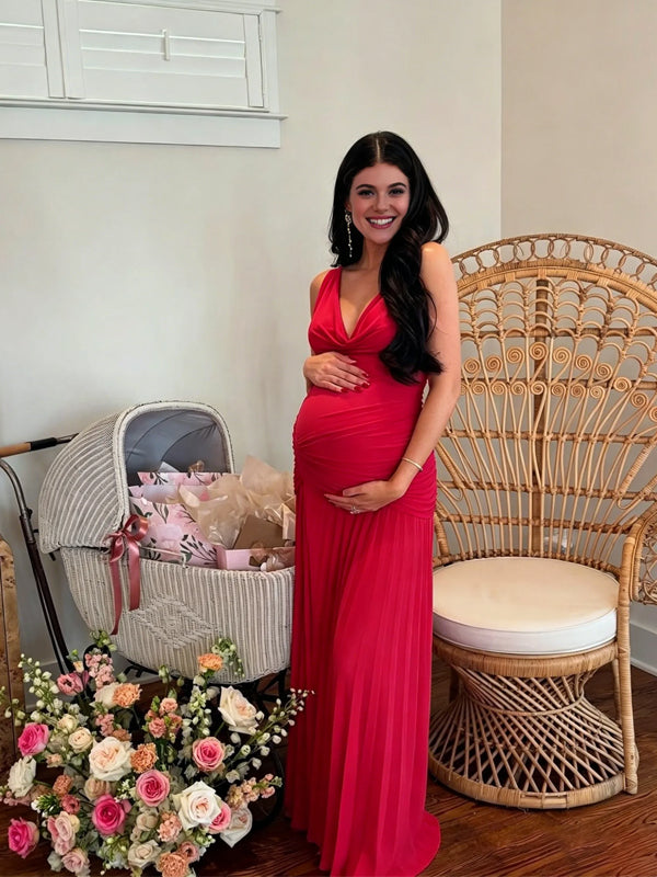 Momyknows Red V-neck Draped Hem Sash Baby Shower Maternity Maxi Dress