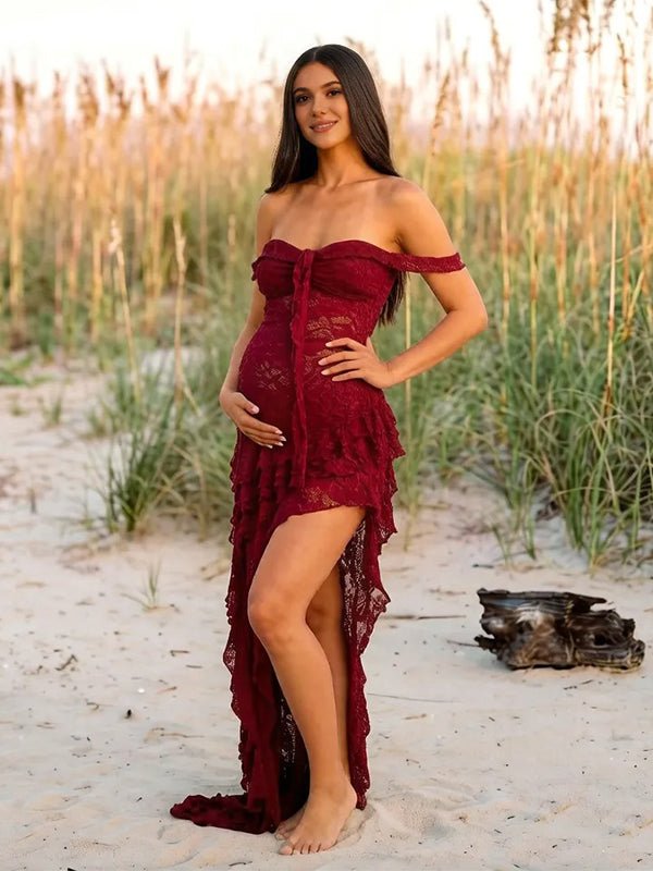 Momyknows Burgundy Lace Cascading Ruffle Bodycon Photoshoot Maternity Mini Dress