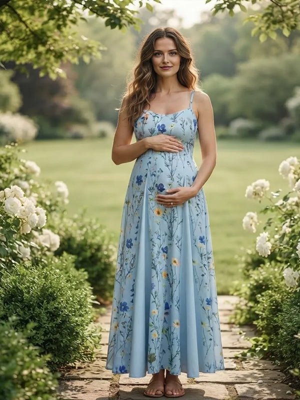 Momyknows Spaghetti Strap Print Spliced Big Swing Maternity Photoshoot Maxi Dress - Apricot - 5