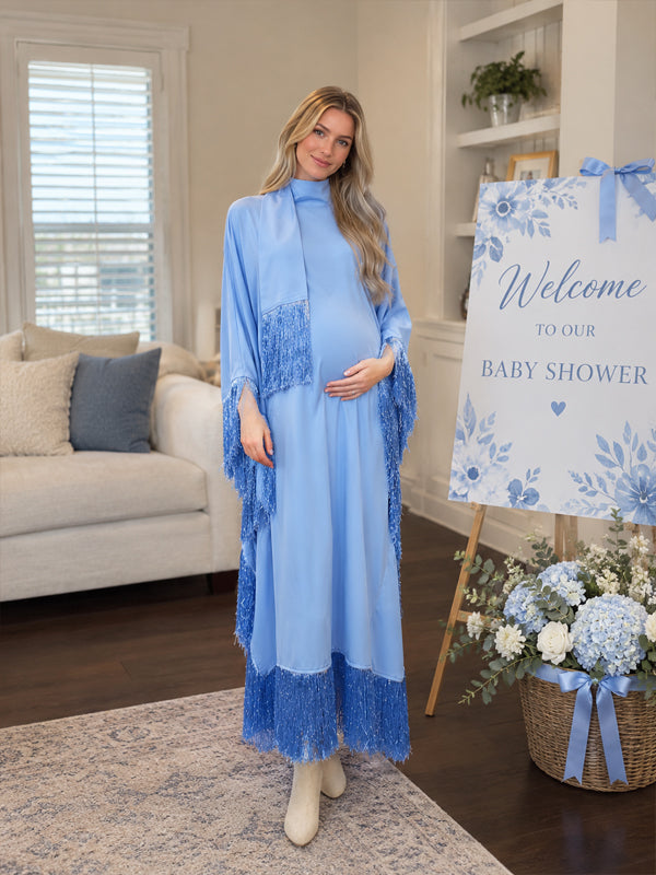 Sky Blue Maternity Maxi Dress with Tassel Ribbon Details and Batwing Sleeves and Flowing Fit, Baby Shower Occasion