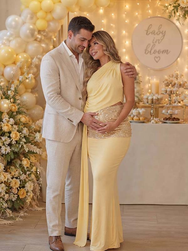 Momyknows Yellow Oblique Shoulder Ruffle Lace-up Backless Sequin Maternity Baby Shower Maxi Dress - Yellow - 2