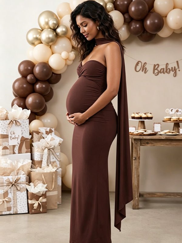 Momyknows Brown Side Slit Open Back Ribbon Ruched Bodycon Maternity Baby Shower Maxi Dress - Brown - 2