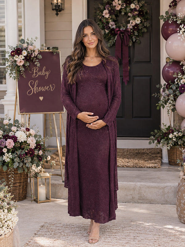 Purple Two Piece Maternity Maxi Dress with Crochet Cardigan and Elegant Layered Silhouette, Baby Shower Occasion