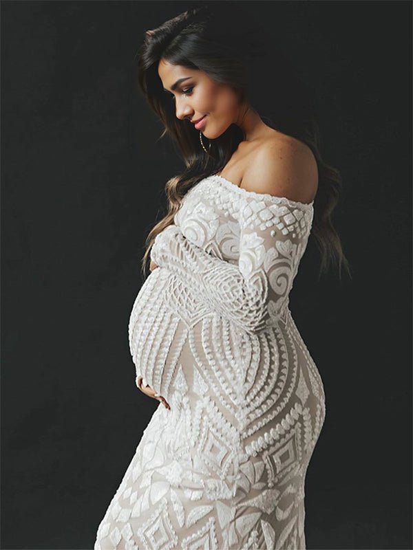 Momyknows White Lace Off Shoulder Mermaid Bodycon Wedding Gown Baby Shower Elegant Foamal Maternity Photoshoot Maxi Dress, White / XL