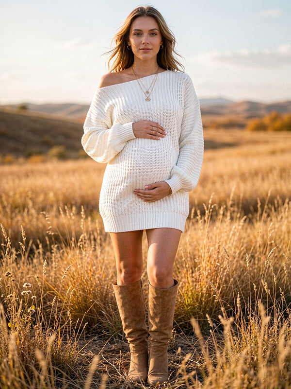 Daily Crochet Oblique Shoulder Maternity Sweater Mini Dress