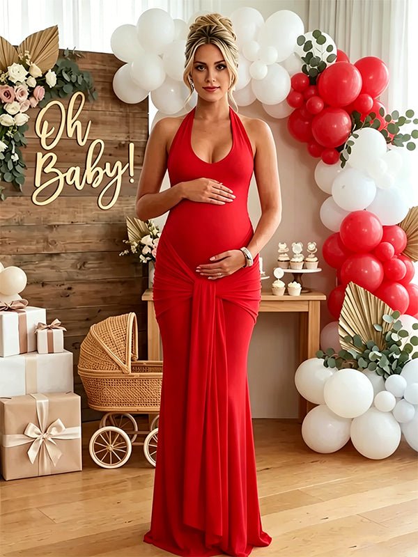 red maternity dress for baby shower PinkBlush Lace Overlay Maxi 27in;xl Momyknows Ruched Bowknot Draped Backless