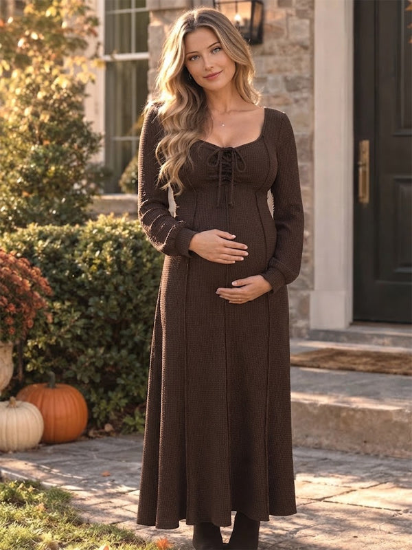 Coffee Square Neck Lace Up Photoshoot Maternity Maxi Dress