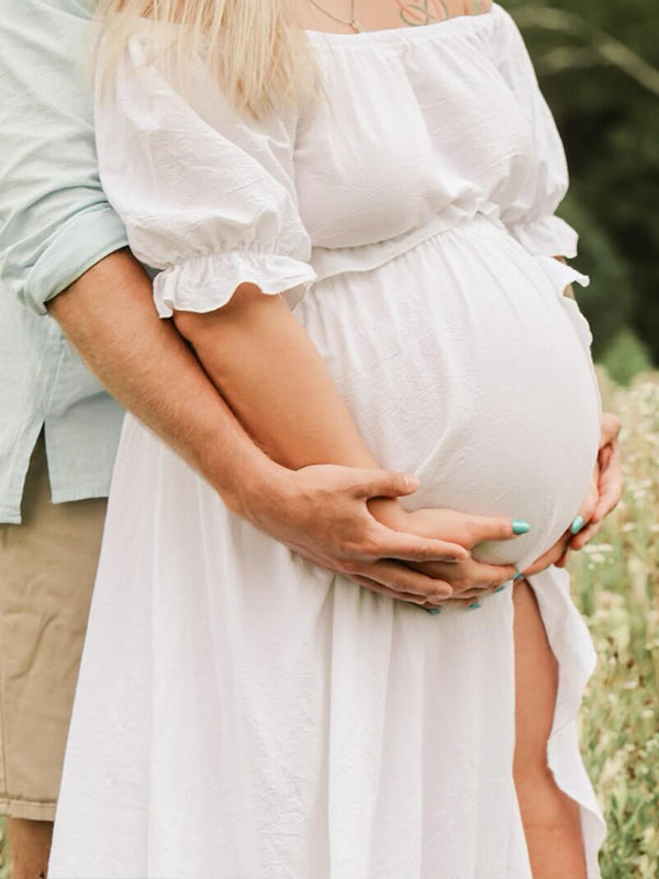 Momyknows Solid Color Off Shoulder Backless Ruffle Crop Side Slit 2-in-1 Photoshoot Maternity Maxi Dress Momyknows Solid Color Off Shoulder Backless Ruffle Crop Side Slit 2-in-1 Photoshoot Maternity Maxi Dress