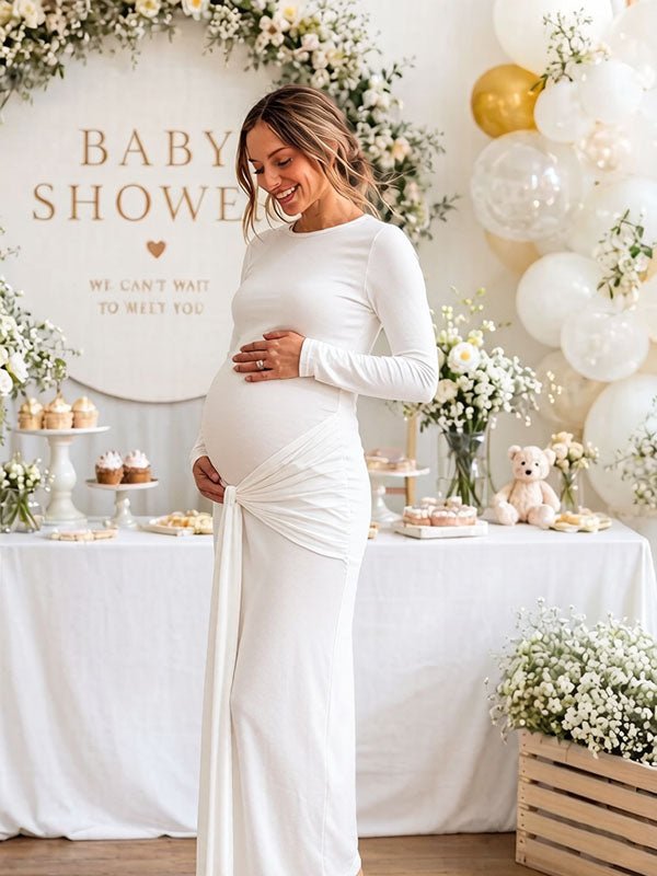 Momyknows Elegant White Bodycon Ruched Side Draped Baby Shower Maternity Maxi Dress - White - 3